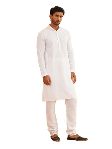 Image of SOJANYA (Since 1958 Men's Cotton Embroidered Thread Work Kurta With white churidar Pyjama