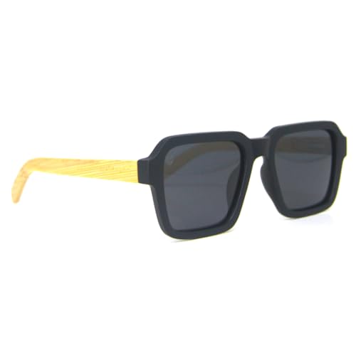 Large square sunglasses with matte black acetate frame and bamboo temples, light and comfortable, with gray polarized lenses, Mondelo Napa Black MafiawooD