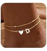 Gold Initial Ankle Bracelets for Women, 14K Gold Plated Dainty Love Heart CZ Trendy Layered Lette...