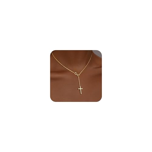 Poxtex Cross Necklace for Women Dainty Trendy 14K Gold Plated Jewelry Long Y Necklace Sideway Cross Non Tarnish Waterproof Golden Accessories Christian Religious Baptism Faith Jewelry Easter Gift