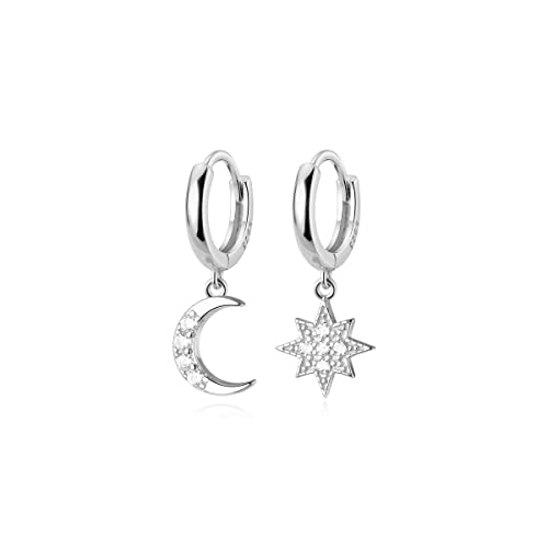 Reffeer Solid 925 Sterling Silver CZ Star Moon Drop Hoop Earrings for Women Teens Crystal Moon Star Hoop Earrings Dangle