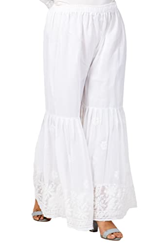 Image of FAWOMENT Unique Exclusive Hand Embroidered Lucknowi Chikankari White Georgette Palazzo for Women