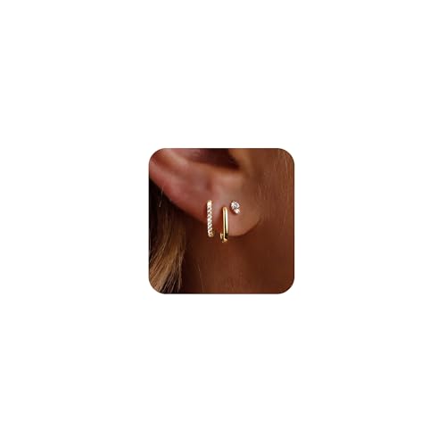 3 Pairs Gold Earrings for Women Trendy 14K Gold Plated Cubic Zirconia Hoop Stud Earrings Dainty Cartilage Hypoallergenic Dangle Huggie Earring Set Small Lightweight Gold Jewelry Gifts