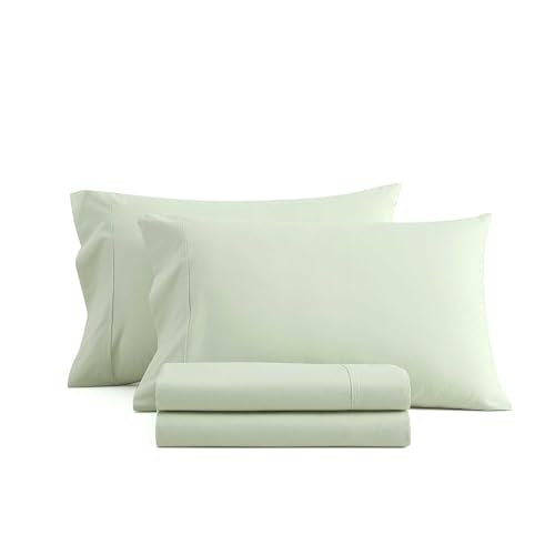 Image of Martha Stewart - Queen Size Sheets Set, Crisp & Tailored Cooling Sheets w /a Naturally Smooth Cotton Percale Lightweight Feel - Matching Pillowcases & Fitted Sheet (Skylands Solid Green)