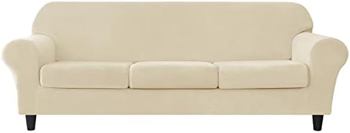 SYLC 4 Pieces Sofa Slipcover Stretch Velvet, Sofa Cover 3 Seater with 3 Separate Seat Cushion Covers, Couch Furniture Protector Collection Split Set (Dark green)