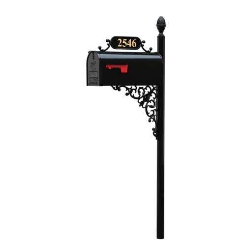 ADDRESSES OF DISTINCTION Oak Mailbox & Post Kit – Black Mailbox System – Includes Address Plaque, Bracket & Mounting Hardware – Rust Resistant Metal Mailbox with Decorative Finial
