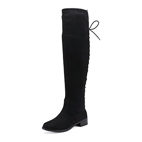 EETTARO Women's Over The Knee Boot Fashion Lace Up Tight High Boots Side Zip Block Heel Riding Booties, Black L Faux Suede, 5 UK Cover