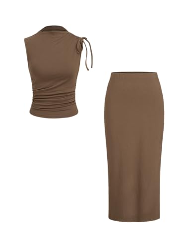 CIDER Women's Sleeveless Tie Shoulder Tank Top & Midi Skirt Elegant Set