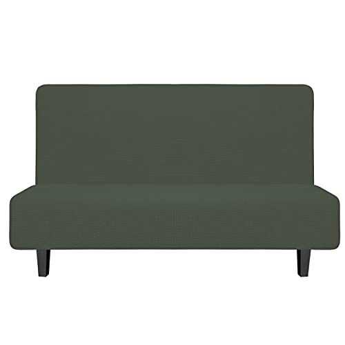 Image of Easy-Going Stretch Medium Futon Slipcover Armless Futon Cover Olive Green | Sofa Bed Furniture Protector Without Armrests with Elastic Bottom for Kids, Soft Jacquard Machine Washable