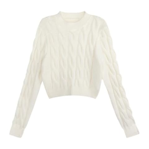 DAIMIDY Women's Cropped Sweater Chunky Crew Neck Cable Knit Jumper Tops, Small, White Cover