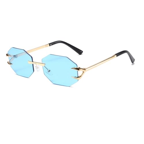 Lunettes de soleil sans monture à verres polygonaux uniques et branches dorées style punk femme