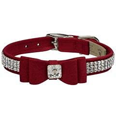 Susan Lanci Dog Collar- 3 Row Red Swarovski Crystal- Really Big Bow ( Size - Extra Extra Small ) Super Soft USA Made Brilliant Bright Shiny Colorful Supports Small Business's