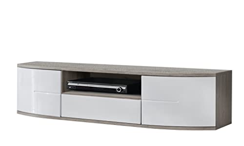 ADGO Ontario RTV Cabinet 2 compartiments derrière les portes Un ouvert au milieu 150 x 43 x 48 cm Push Click Tiroir RTV Étagère Salon Meubles San Remo/Blanc (Livraison en 2 paquets)