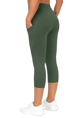 Image of THE GYM PEOPLE Thick High Waist Capris Yoga Pants with Pockets, Tummy Control Workout Running Yoga Leggings for Women