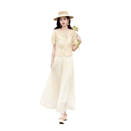 JYHBHMZG Conjunto de falda de manga corta con cuentas bordadas y estampado elegante para mujer, amarillo, M