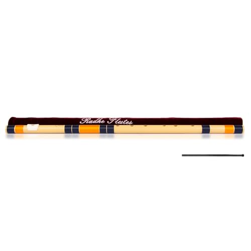 Image of Radhe Flutes | E Natural Right Handed Base Bansuri | Tuned With Tanpura A=440Hz | PVC Flute + Velvet Cover + Hindi & English Flute Lessons | PERENT (Beige Flute With Dark Blue & Orange Threads)