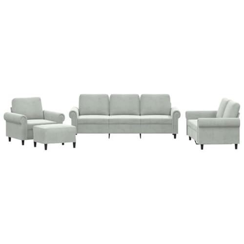 vidaXL Sofagarnitur 4-TLG., Sessel Couch mit Kissen Fußhocker, Sofa Wohnzimmersofa mit Armlehnen, Couchgarnitur Designsofa Sitzmöbel Polstermöbel, Hellgrau Samt