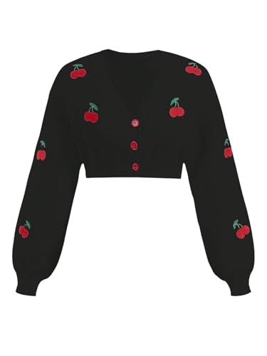 Image of GORGLITTER Women's Cherry Button Up Cropped Cardigans Long Sleeve Open Front Lightweight Dressy Sweaters