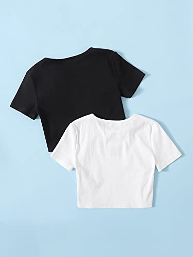 Romwe Girl's 2 Pack T Shirt Graphic Butterfly Print Short Sleeve Crop Tops Black White 11-12Y #TOP1