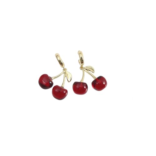 Cherry Earrings For Women, Red Funny Drop Dangle Hoop 18k Gold Plated Fruit Charm Leaf Cute Aesthetic Gift Jewelry