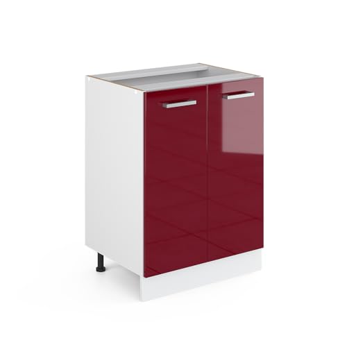 Vicco Meuble Bas Universel R-Line, Rouge Bordeaux Haute Brillance, 60cm avec Portes, sans PT, pour Le Rangement des ustensiles ménagers et des Produits de...