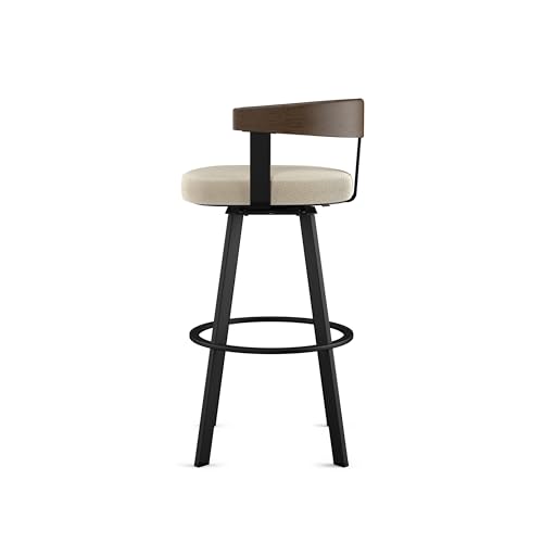 Image of Amisco Lars 26 inch Swivel Counter Height Barstool, Upholstered Stool with Solid Wood Back and Arms for Kitchen Island or Bar, Drees Stool, Cream Boucle Polyester /Brown Wood /Black Metal