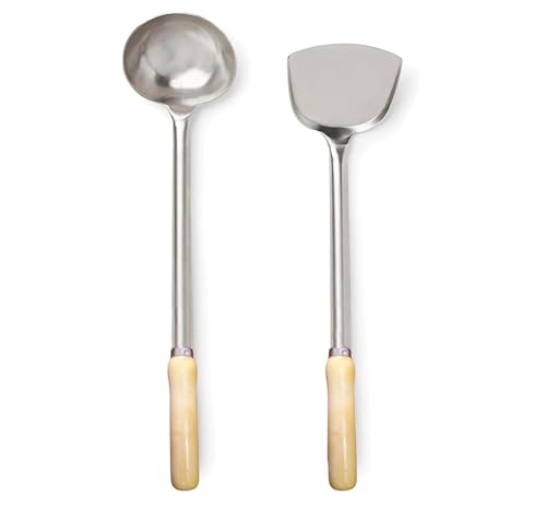 Image of Stainless Steel Wok Spatula and Ladle Set with Wooden Handles 2 Piece Cooking Tool Set for Stir Fry Deep Fry and Serving (Wok Spatula and Ladle Set)