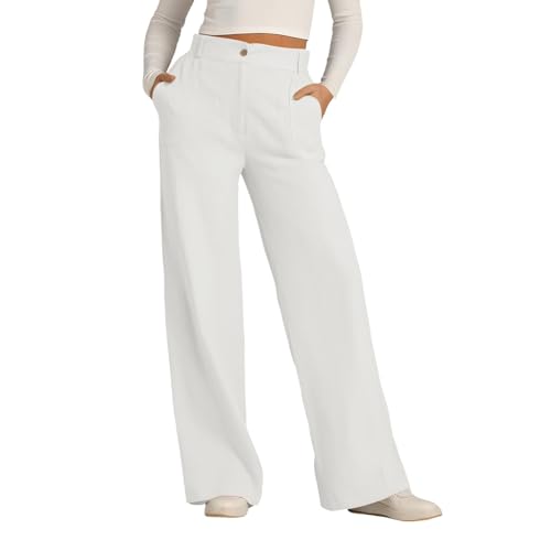 Women's Cotton Linen Wide Leg Trousers - Solid Colour Button Down Casual Pants with Pockets Straight Leg Loose Fit Comfortable Office Wear & Smart Leisure Style Pant Dress Work Slacks White