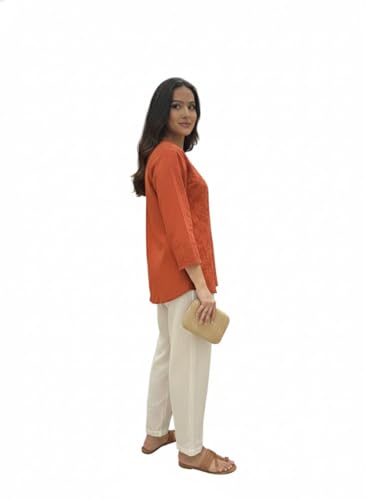 Image of Rust Women Rayon Top V Neck Embroidered Casual Ethnic Wear Stylish Comfortable Daily Office Party Top