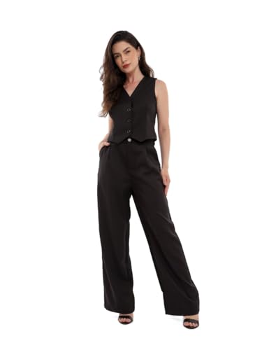 Conjunto Feminino Calça e Colete Alfaiataria, Poliéster com Elastano, Tamanhos P a GG - Con-0064 (BR, Alfa, M, Regular, Regular, Preto)