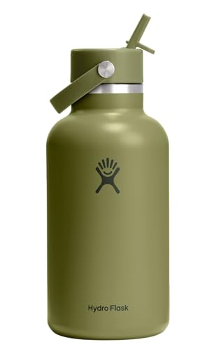 Image of Hydro Flask Water Bottle - Insulated Stainless Steel - Wide Mouth Flex Straw Lid, Non Spill, Leakproof and Refillable in 64 Oz Palmer Green