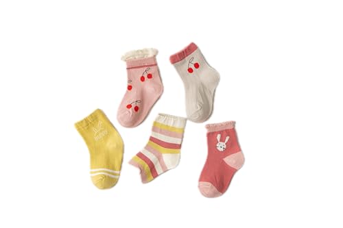 Nemo Baby Boy Girl Cotton Crew Socks, 5 Pairs, Cherry and Bunny Design, Pink and Yellow, 3-12years2
