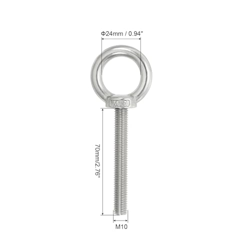 Image of PATIKIL M10 x 70mm Lifting Shoulder Eye Bolt, 2Pcs 304 Stainless Steel Lifting Ring Threaded Eyebolt with Nuts Washers for Hanging Hammocks Articles