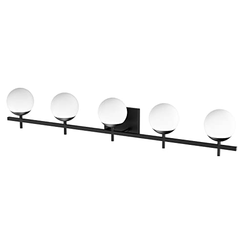 Image of Ralbay Mid Century Modern Vanity Lights Black Milky Glass Mid Century Bathroom Vanity Lights Over Mirror, Wall Light for Bathroom Black 5 Light