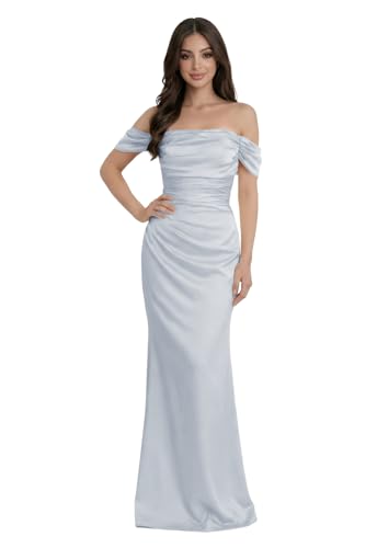 HMONELY Pleated Mermaid Light Blue Prom Dress Ball Gown 2026 Off the Shoulder Satin Empire Waist...