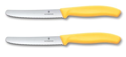 Victorinox Swiss Classic, Frühstücksmesser, Brötchenmesser, 2er Set, Scharfe Klinge, Wellenschliff, 11 cm, Kunststoffgriff, Rostfreier Stahl, Gelb