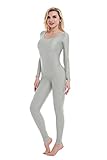 Women Long Sleeve Bodycon High Waist Jumpsuit Rompers Full Bodysuit One Piece Outfit, M, Gray
