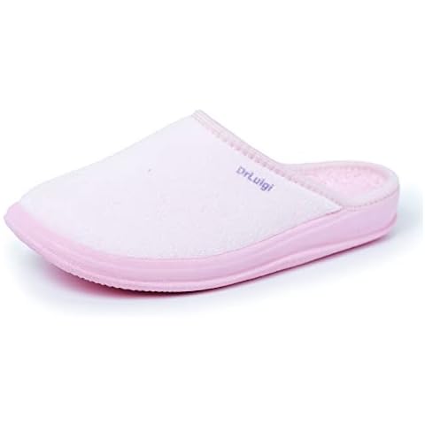 DrLuigi Women Stylish Wide Medical Slippers - Memory Foam Padded Easily Adjustable Sole Indoor Outdoor Italian Cotton Slippers - Relieves Pressure Improves Peripheral Blood Circulation - 7 F, Pink Cover
