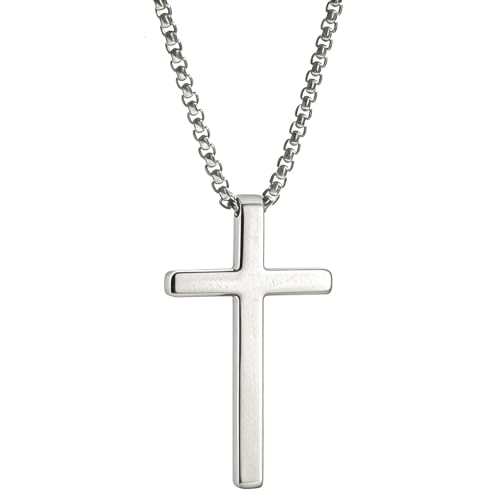 HIVTE Collar de cruz con cadena plateada para hombre, cruz grande de acero inoxidable, cadena de acero inoxidable 316L de 60 cm, joyería resistente para hombre, regalo cristiano para él