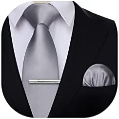 HISDERN Solid Color Tie and Pocket Square with Tie Clips Men's Wedding Party Necktie Handkerchief Set