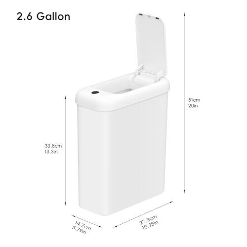EKO Automatic Bathroom Trash Can with Lid, 2.6 Gallon Slim Touchless Garbage Can, Waterproof Motion Sensor Trash Bin for Bathroom, Office, Kitchen, White