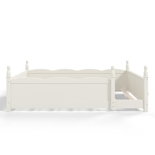 Image of Bellemave Queen Size Montessori Floor Bed Frame with High Fence, Solid Wood Kids Floor Bed with Bookshelf, Low Profile Bed for Boys & Girls, Childlike Design,Beige