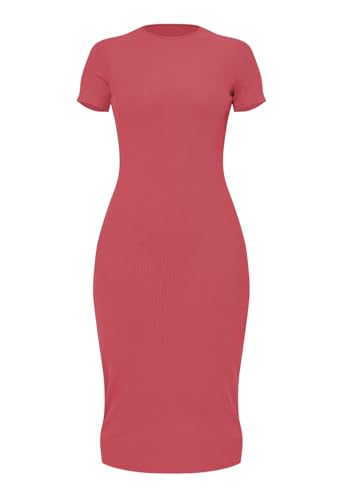 Image of Women's Crew Neck Short Sleeve Slim Fit Ribbed T Shirt Casual Midi Bodycon Dress