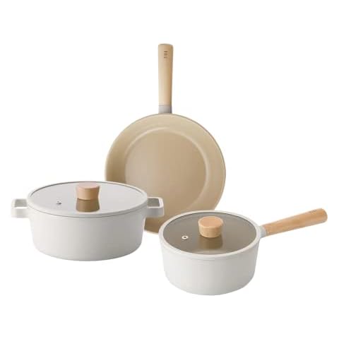 FIKA Kitchen Home Essential 5-Piece Cookware Pot and Pan Set with Lid, Healthy Cooking Nonstick Ceramic Coating Skillet with Wood Handle, Induction Compatible Kitchenware, Made in Korea Cover