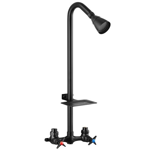 Aolemi Outdoor Shower Kit,Outdoor Shower Fixtures Faucet System with Brass Showerhead,Double Handle Exposed Shower with Brass Mix Valve,6 Inch Center with Soap Dish,Pipe Upward,Matte Black
