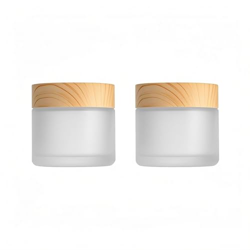 Paquete de 2 frascos de vidrio para crema de 2 onzas, tarros de vidrio vacíos de 60 ml, frascos redondos esmerilados para crema cosmética con tapas de rosca de grano de madera, tarros de cosméticos