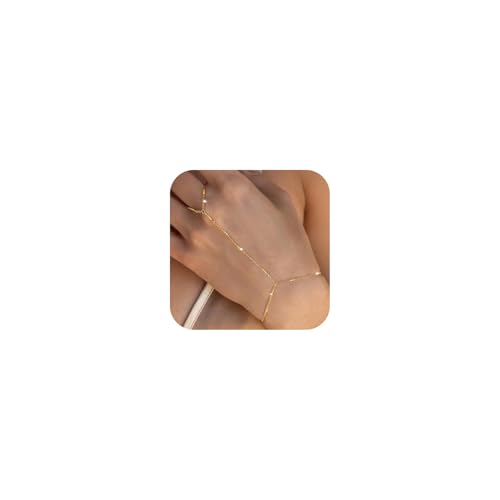 Calkkrer Pulsera de 14K con Anillo, Cadena de Mano Dainty Dorada, Pulsera de Mano con Anillo, Pulsera para Mujeres, Estilo de Joyería