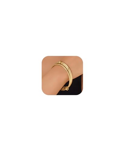 Stackable Bangle Bracelets for Women 14K Gold Plated Triple Interlocked Bangle Stainless Steel Bracelets Classic Plain Non-Tarnish Jewelry Gift for Women
