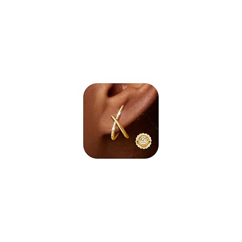 Diamday Pendientes Mujer Oro Pendientes Plata de Ley 925 Hipoalergénico Para Oídos Sensibles Forma Minimalista X Con Pequeñas Circonitas Pendiente De Moda Joyería