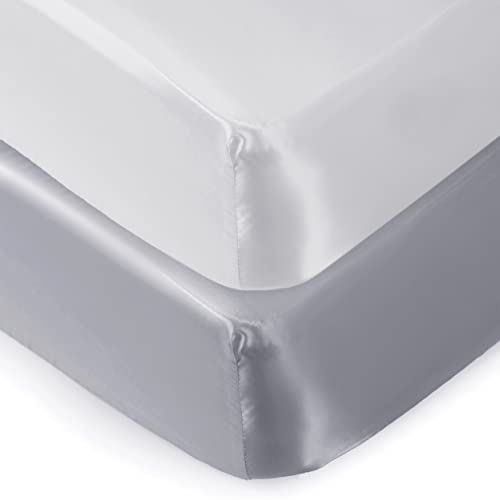 Image of Pro Goleem 2 Pack Satin Soft Crib Sheet Great for Baby with Sensitive Hair Silky Baby Mattress Sheet White and Gray Unisex 52’’x28’’x8’’ Fitted Sheets
